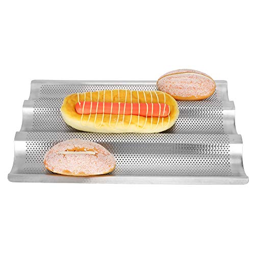 Jwthee Baguettes Bread Pan, 3 Slots Perforated Italian Loaf Pan Nonstick French Bread Baking Pan Stainless Steel Baguettes Bakery Tray for Professional Home Baker