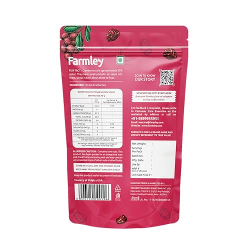 Image of Farmley Dried Cranberry I 250 Gram, Pack Of 1 I Dried Fruit, Berries, High Nutrient And Antioxidant No Added Preservatives
