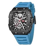 WISHDOIT Multifunction Chronograph Watch for Men, Luxury Tonneau Watch, Calendar, Date, Luminous, Waterproof, Men's Watch, Black Case and Blue Strap, Modern