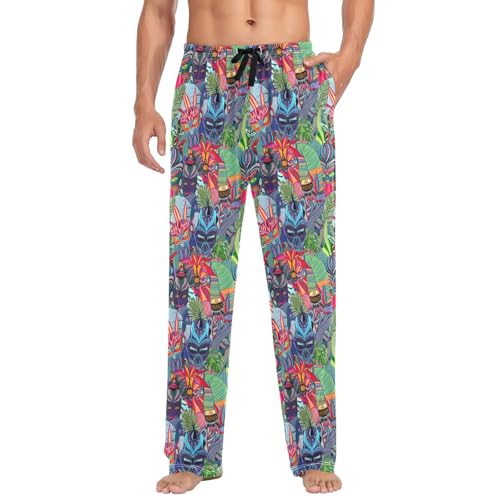 Tiki Masks Tropical Plants Intricate Men's Pajama Bottoms Custom Printing Men's Night Pants Drawstring S