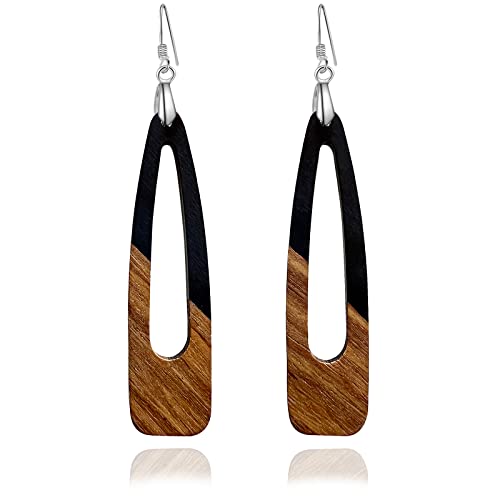 Wood Earrings for Women, Wooden Earrings Dangle Brown Black Round Geometric Simple Lightweight Resin Drop Statement Earrings