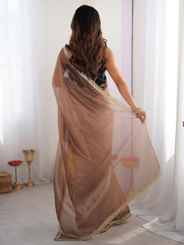 Image of AKHILAM Women's Shimmer Net Solid Saree With Unstitched Blouse Piece