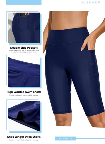 Aleumdr Women's 8 Inch High Waisted Swim Shorts Bathing Suit Bottoms Swimsuit Board Shorts Swimwear Swim Capris With Pockets Blue Small 4 6 #TOP7