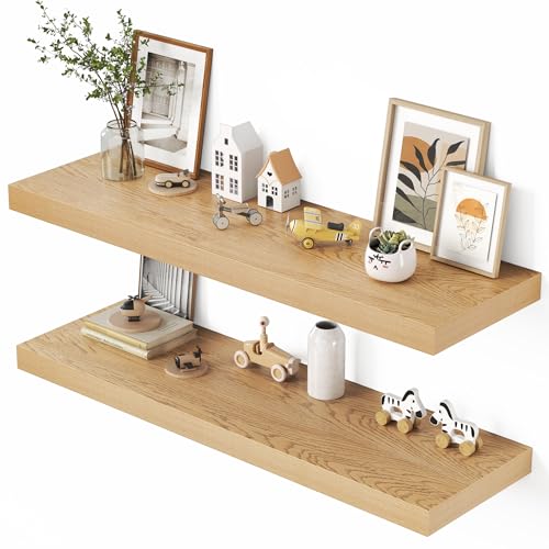 Image of Dreamland 48 inch Floating Shelves for Wall, 12 inch Deep Thicker Oak Floating Shelves, Wall-Mounted Shelves for Bedroom, Living Room, Kitchen, Bathroom - Set of 2