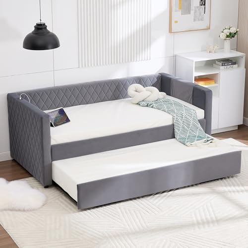 Twin Size Velvet Daybed with Pop-up Trundle & USB Ports for Bedroom Guest Room, Diamond Grid Tufted Design Sofabed Frame with Storage Bags and Metal Legs, Space-Saving & No Box Spring Needed, Grey