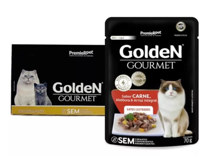 Golden Gourmet Gato Castrado Sabor Carne 70g - Caixa com 20 unidades