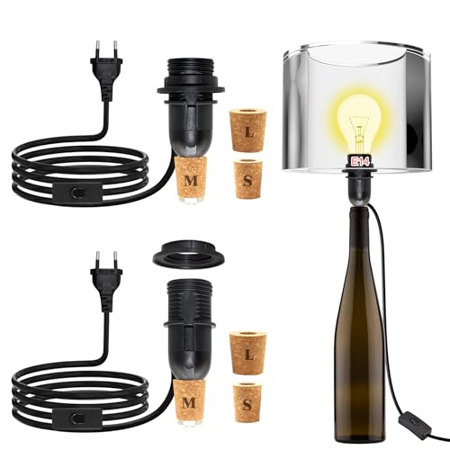 E14 Soporte para Lámpara de Botella con Interruptor y Enchufe, 2Pcs Adaptador de Botella de Vino Se Puede Equipar con Pantalla, Negro Lámpara de Mesa de Botella de Vino DIY con 3 Tamaños de Tapones