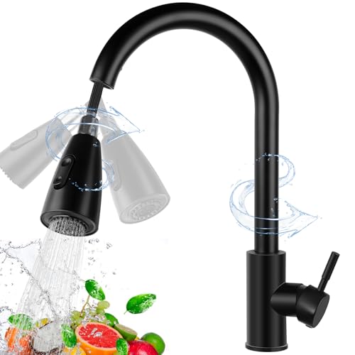 Grifo de Cocina Negro Mezcladora para Cocina con Rociador Extraíble Grifo de Fregadero de Acero Inoxidable Monomando de Arco Alto 360 ° Giratorio Llave de Fregadero de Cocina...