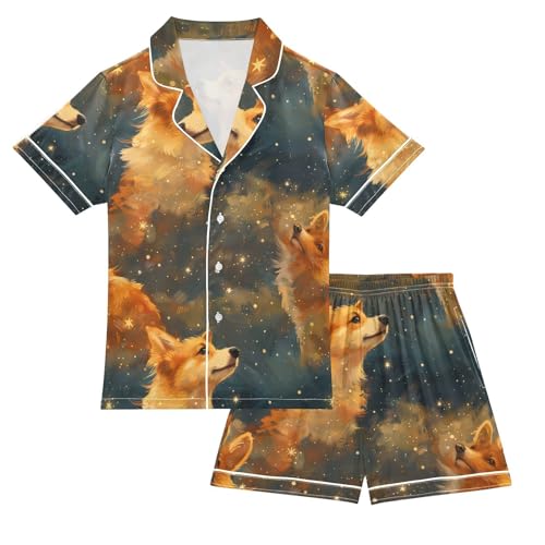 ALAZA Starry Puppy Dog Pajamas Satin Pajama Set Short Sleeve Button Down Sleepwear