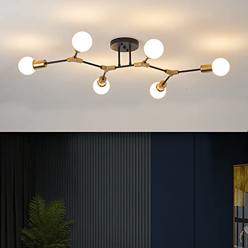 QUOOBE Modern Mid Centur 6 Light Semi Flush Mount Ceiling Lighting Fixture for Living Room Bedroom Dining Room Hallway Kitchen Office,Minimalist Gold and Black Sputnik Chandelier