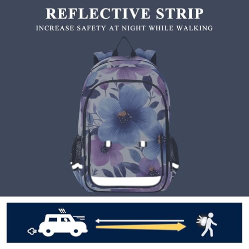 senya Blue-purple Floral Backpack Water-Resistant Bag Lightweight Bookbags with Reflective Strip4