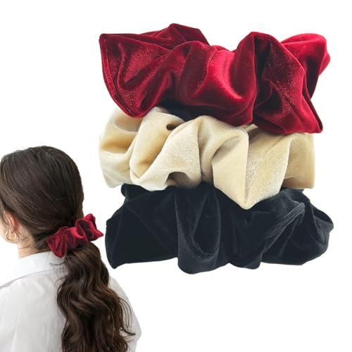 3Pcs Scrunchies in Velluto,Elastici per Capelli in velluto Scrunchies,Morbidi e Confortevoli, Elastici per Capelli in Esclusivi Colori - Grande Scrunchie per Donne e Bambine (Nero+Rosso+Beige)