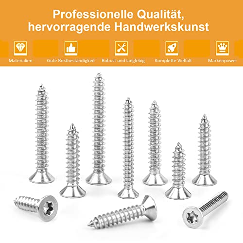 VIGRUE 385 Stück Edelstahl-Schrauben Set M3 M4 M5, Spanplattenschrauben mit Senkkopf, Selbstschneidende Schrauben Mit 3 Stück Bits