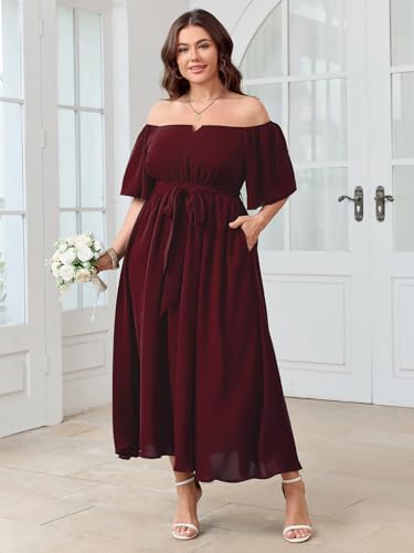 Image of SCOMCHIC Womens Plus Size Formal Dresses Off The Shoulder Wedding Guest Cocktail A-Line Split Maxi Dress with Pockets
