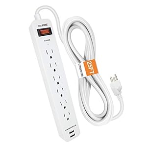 Digital Energy 6-Outlet + 2 USB 1050 Joule Surge Protector Power Strip with 25-Ft Long Extension Cord, White, UL Listed