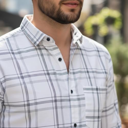 Image of Pack of 2 Men's Cotton Fabric Button Down Full Sleeve Collar Neck Regular Fit Check & Dotted Printed Combo Shirt