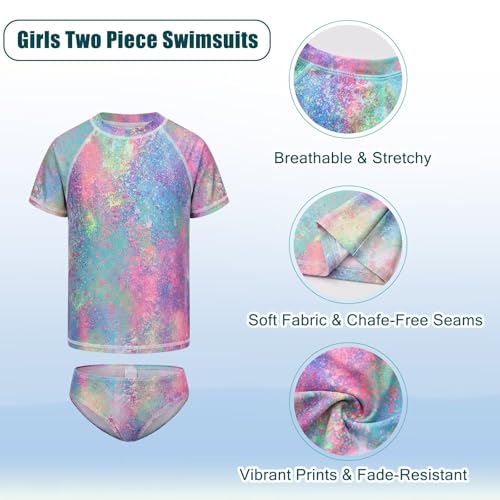 Image of Girls Two Piece Swimsuits Short Sleeve Rash Guard Swim Shirt Bikini Bottom Swim Set Bathing Swim Set Swimwear 3-16 Years