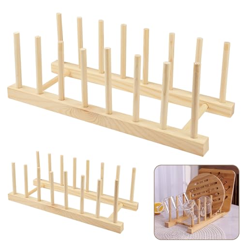 Bambus Abtropfgestell, 2 Stück Geschirrabtropfgestell Tellerregal Halter für Küchenschränke Tellerständer Bambusregal Küche Holz Schneidebrett Tablett Geschirr Rack Ständer Geschirrabtropfer —7 Slots