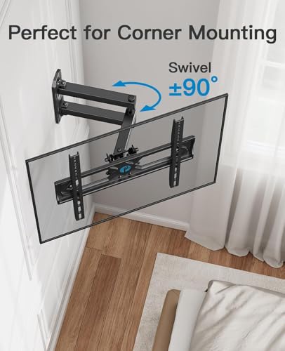 Image of Pipishell Full Motion TV Wall Mount for 26-65 Inch Flat Curved TVs, Heavy Duty Single Articulating Arms, Corner TV Mount Up to VESA 400x400mm and 77lbs, Support Swivel, Tilt, Level Adjustment