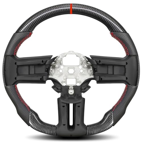 TESFEEL Real Carbon Fiber Steering Wheel for Ford Mustang 2012-2014, D-Shaped Flat-Bottom, Nappa Perforated Leather Grip, Hand-Stitched, for Mustang V6/GT/Boss 302