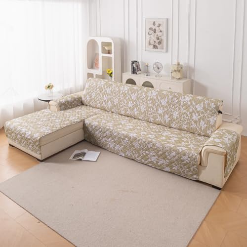 Image of HOKIPO 'Elira Series' Printed Quilted One-Piece L Shape 6 Seater (3+3) Sofa Cover Mat with Left Chaise | Anti-Slip Backing & SecureFit Belt, Buff Brown Sillehoute Floral (AR-5375-C7)