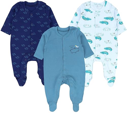TupTam Baby Jungen Schlafstrampler mit Fuß 3er Pack, Farbe: Marineblau Weiß Grün Safaritiere, Größe: 62