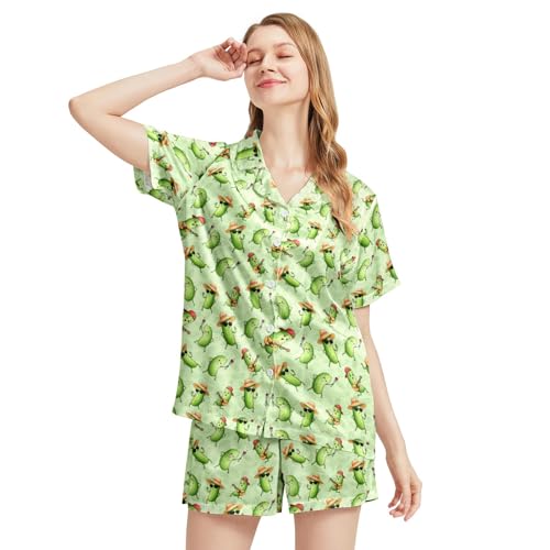 Image of Funny Satin Pajamas Set for Women Button Down Sleepwear Print Pjs Set 2 Piece Short Sleeve Loungewear Gift for Women