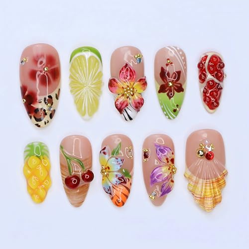 30Pcs Handmade Press on Nails Medium Almond Fake Nails 3D Colorful Summer Hibiscus Cherry Fruit Full Cover Glue on Nails with Gold Beads Rhinestones French Tip False Nails for Women Acrylic Nails