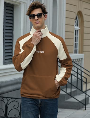 ZAFUL Men's Polar Fleece Sweatshirt NEW YORK Embroidered Quarter Zip Kangaroo Pocket Colorblock Stand Collar Pullover (0-Coffee, S)2
