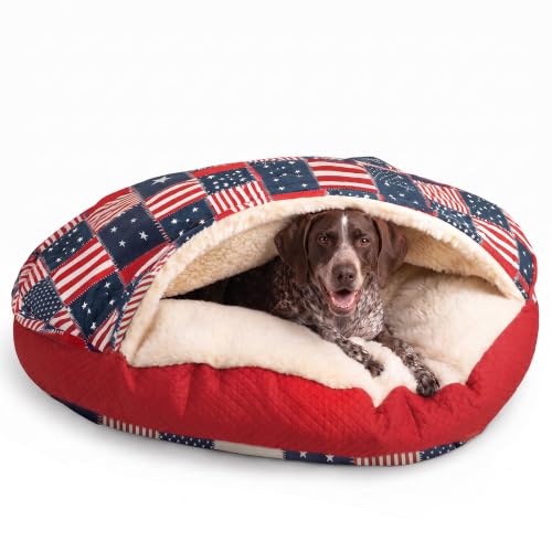 Image of Snoozer Cozy Cave Dog Bed, Round Covered Dog Bed, Starpatch Red Diamond(XL)
