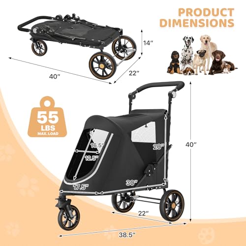 Magshion Pet Stroller for Medium Dogs w/Adjustable Handle, 3-Wheel Dog Cat Wagon w/Dual Entry, Rear Storage, Breathable Mesh, One-Foot Brake, Ideal for Large Pets up to 55 lbs, Black