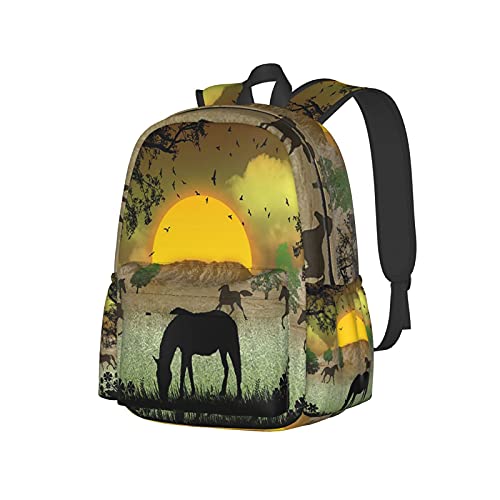 Sac à dos école décontracté grand volume avec motif cheval au coucher de soleil