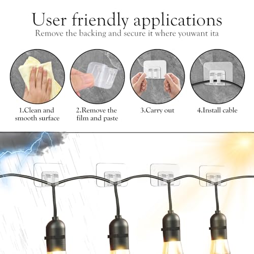 180Pcs Hooks for Outdoor String Lights Clips: Heavy Duty Cable Clips with Waterproof Adhesive Strips for Hanging Christmas Light - Outside UV-Resistant Clear Sticky Cord Holders Rope Organizer by moonateen - Image 5