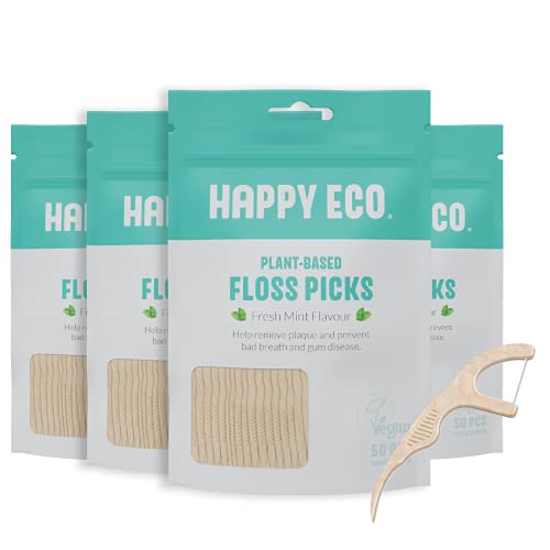 Natural Dental Floss Picks (200 Count) - Vegan, Sustainable, Eco-Friendly Flosser with Tooth Pick Flossers for Adults and Kids- Plaque Remover for Fresh Teeth Cleaning - Zero Waste Oral Care (Mint)