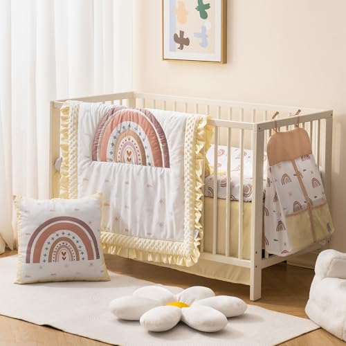 Image of ROBUD 5-Piece Crib Bedding Set for Boy Girls, Nursery Bedding Standard Size with Boho Quilt, Crib Sheet, Crib Skirt, Pillowcase and Diaper Bag (Beige Rainbow)