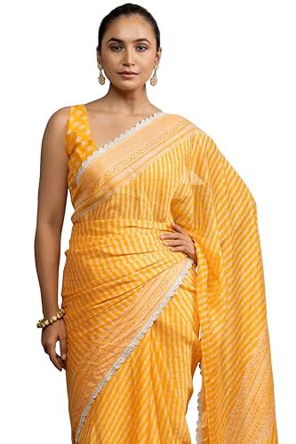 Image of MIRCHI FASHION Women Saree Leheriya Print Chiffon | Lightweight Traditional Sari for Farewell and Wedding Ceremonies with Unstitched Blouse Piece