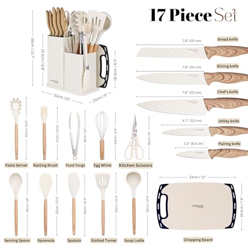 Cooking Utensils Set with Chopping Board – Knife Set with Block – Heat Resistant Silicone Utensils with Wooden Handle, Spoons, Ladles & Spatula – Kitchen Tools & Accessories – 17pcs, Cream – by Nuovva - Image 2