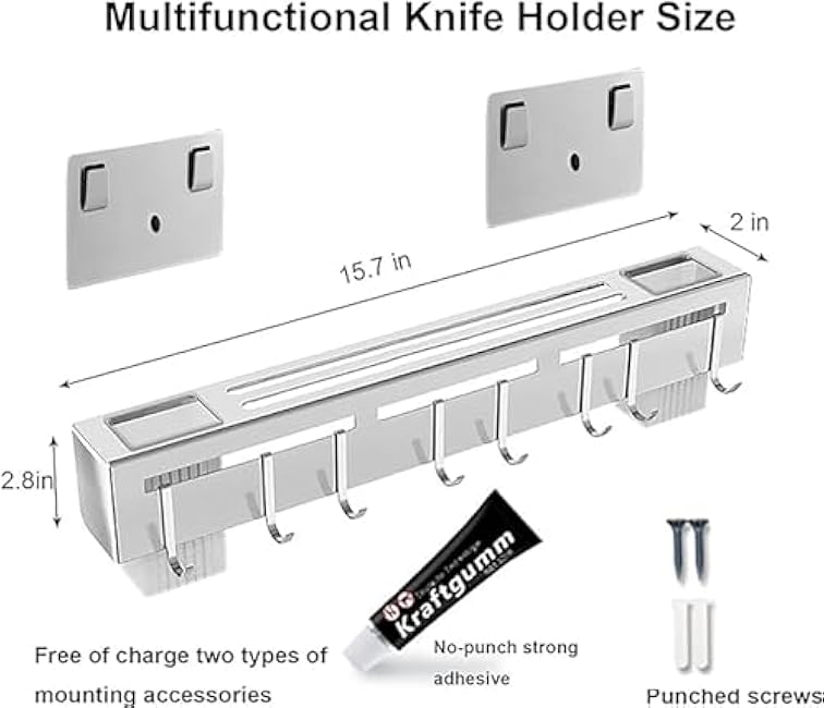 Knife Holder, Stainless Steel Knives Holder with 8 Hooks, No Punching kitchen Wall Mounted Multifunctional Chopsticks & Knife Holder for Storing Chopsticks, Knives & Rags in Home/Hotel