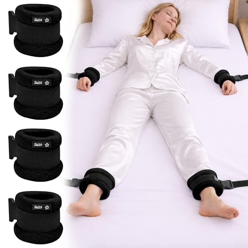 SPRING SEAON Medical Bed Restraints for Wrists & Ankles (4 Pack) Soft Fluffy Cuffs with Quick-Release Buckles Adjustable Safety Straps for Bed Rails/Headboard Easy-Clean Patient Restraints (Black)