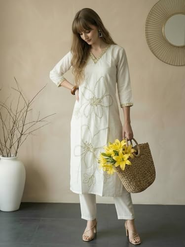 Image of INDO ERA Women's Silk Blend Geometric Embroidered Thread Work Kurta & Pant Set | Co Ord Set For Women Stylish