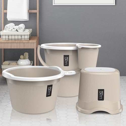 Image of KOLORR Luxe Bathroom Set (Bucket 18L x 2) + (Mug 1.5L x 2) + (Luxe Patla x 1) + (20L Tub x 1)|Sturdy and Durable |Lightweight| Easy to Clean and Attractive Design|Pack of 6| Sand Stone