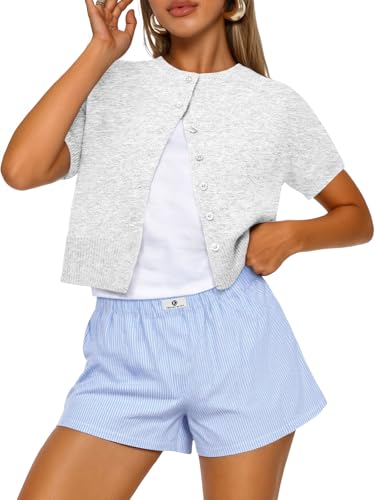Trendy Queen Short Sleeve Cardigan Sweaters for Women Grey M