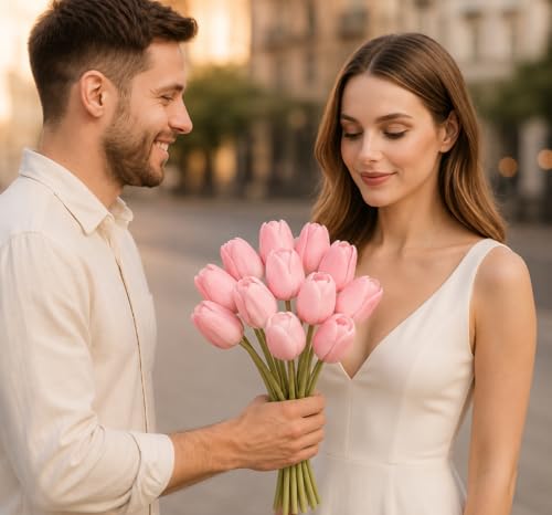 Image of Pink Olive 5 Pcs Artificial Tulip Flower Bunches for Vase | Silk Faux Flowers for Home Decor, Table Centerpiece, Living Room, Bedroom, Wedding Party, Gift (Vase Not Included)