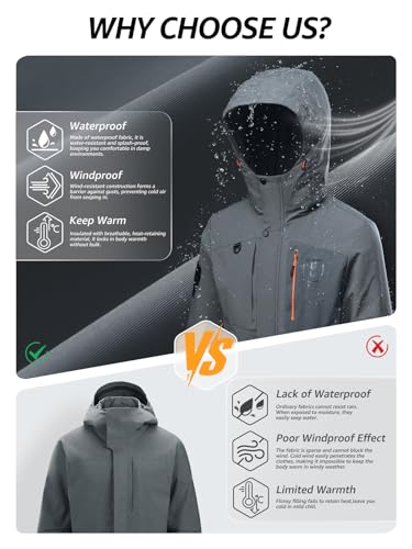 Image of Men's Thermal Waterproof Windproof Jacket Hooded Insulated, Lightweight Winter Snow Coat with Multiple Pockets