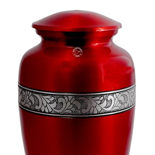 Image of Silver Engraved Aluminium Cremation Urn for Human Ashes Adult - Handcrafted Funeral Memorial Ash Storage Urn - Bag Included (Red, Keepsake - 70 Cubic Inches)
