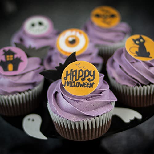 dekora – 20 Essbare Halloween Discs – Tortendeko essbar & Cupcake Dekoration aus Oblatenpapier – Kürbis, Totenkopf, Geist & Spinne | Zuckerfrei, Glutenfrei, Laktosefrei, Vegetarisch