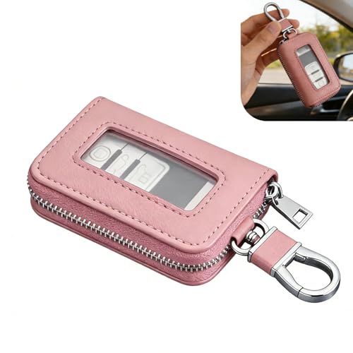 Fiknonk 1PC Car Key Fob Case Leather Car Key Holder for Purse with Transparent Window and Metal Hook Universal Keychain Bag for Car Remote (Pink)
