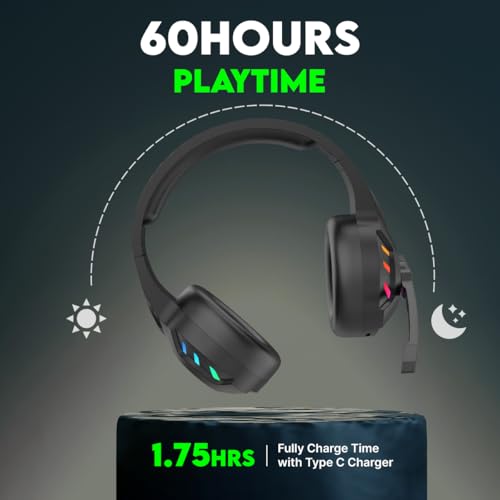 Image of pTron Studio Sports Wireless BT Gaming Over-Ear Headphones, 30MS Low-Latency for Thrilling Gaming Experience, RGB Lights, Boom HD Mic w /AI ENC, 60Hr Playtime, Punchy Sound, Type-C Fast Charging(Sable)
