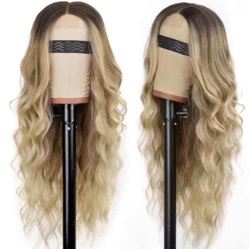 Image of AISI HAIR Blonde Wig for Women, Long Wavy Lace Hairline Blond Synthetic Middle Part Ombre Blonde Wigs for Daily Party-26 Inch