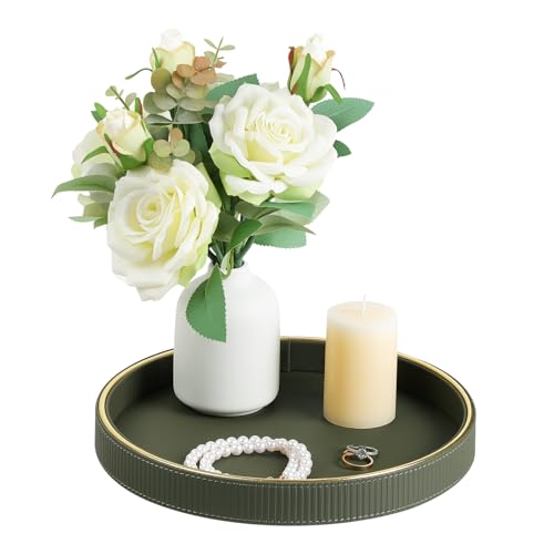 Cretkhp Round Decorative Tray for Coffee Table Decor, PU Leather Coffee Table Tray Golden Trim for Home Decor Living Room Dining Table, Perfume Trays Nightstand Organizer (Green)